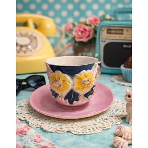 Vintage German Lusterware raised flower mug 3D tea plate MCM Hand Painted Set
